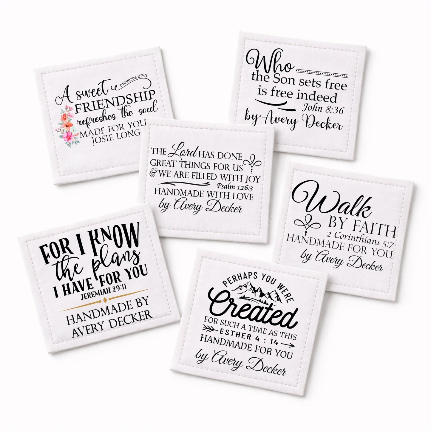 Assorted Inspirational Quilt Labels – Set of 6 • Bible Verses & Encouraging Sayings - Jammin Threads