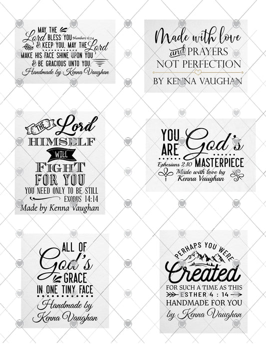 Assorted Inspirational Quilt Labels – Set of 6 • Bible Verses & Encouraging Sayings • Personalized with Maker’s Name • Cotton or Polyester - Jammin Threads