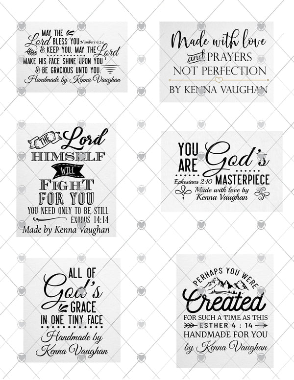 Assorted Inspirational Quilt Labels – Set of 6 • Bible Verses & Encouraging Sayings • Personalized with Maker’s Name • Cotton or Polyester - Jammin Threads