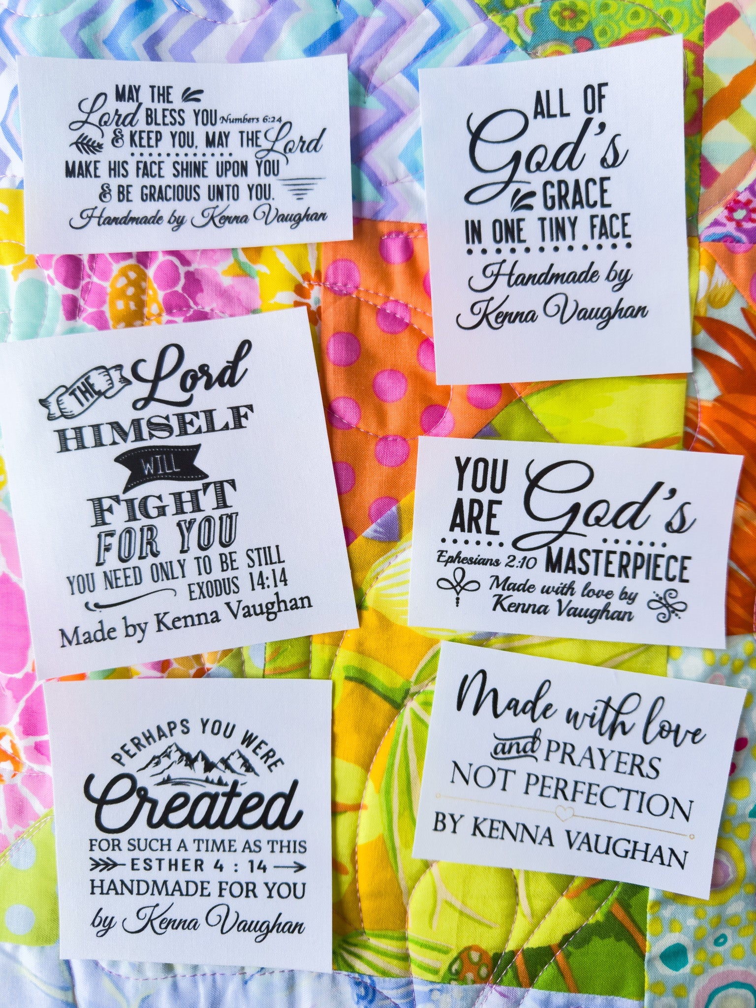 Assorted Inspirational Quilt Labels – Set of 6 • Bible Verses & Encouraging Sayings • Personalized with Maker’s Name • Cotton or Polyester - Jammin Threads