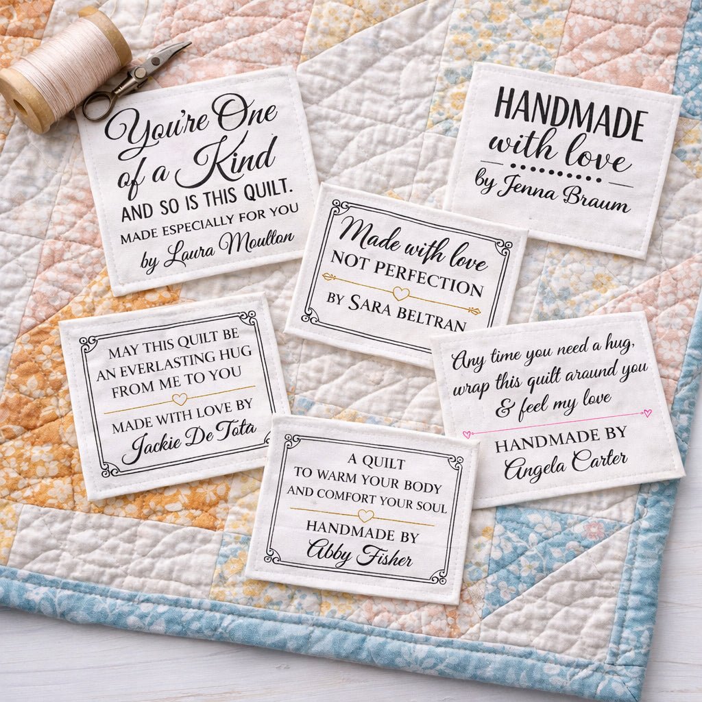 Assorted Personalized Quilt Labels – 6 Different Handmade Quilt Label Designs – Custom Quilt Tags Sheet – Cotton or Polyester Quilt Labels - Jammin Threads