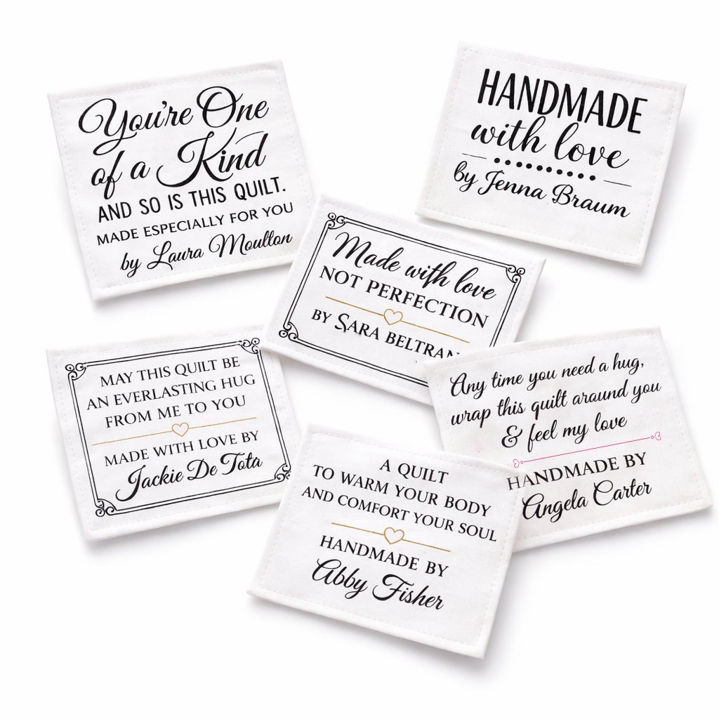 Assorted Personalized Quilt Labels – 6 Different Handmade Quilt Label Designs – Custom Quilt Tags Sheet – Cotton or Polyester Quilt Labels - Jammin Threads