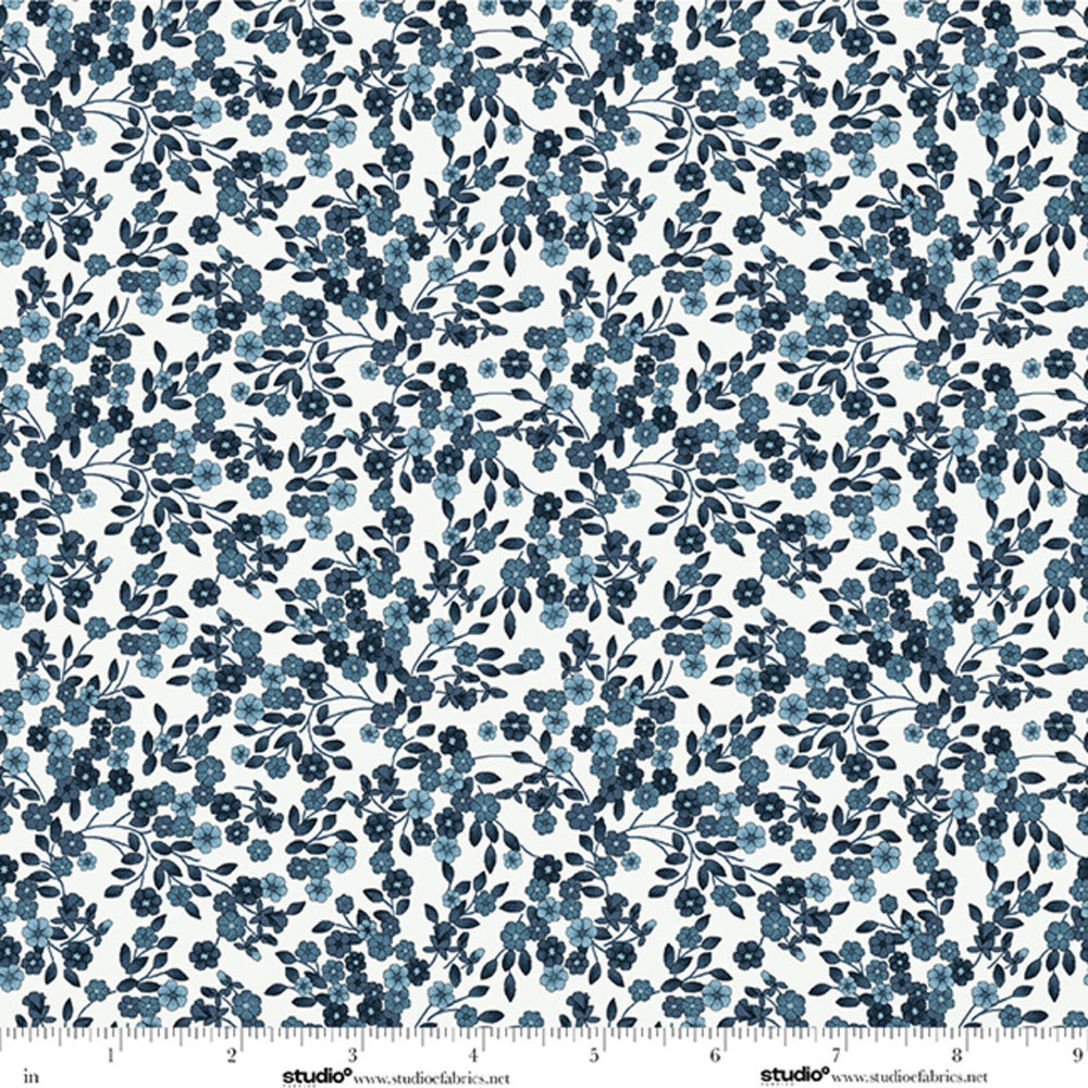 Bar Harbor Quilt Fabric by Chelsie Design Works | Ditsy Floral Vine | Salt/Dark Blue - Jammin Threads