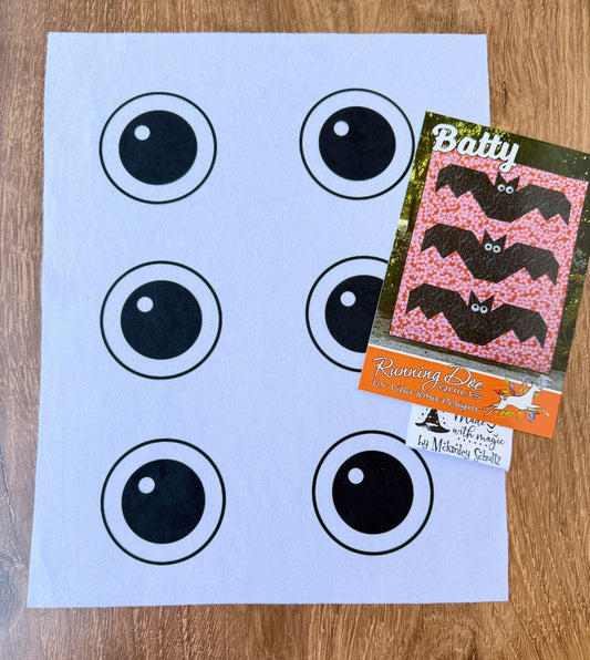 Batty Quilt Accessory Kit – Pattern, Pre - Printed Bat Eyes, and Personalized Quilt Label. Quilt Fabric NOT included - Jammin Threads