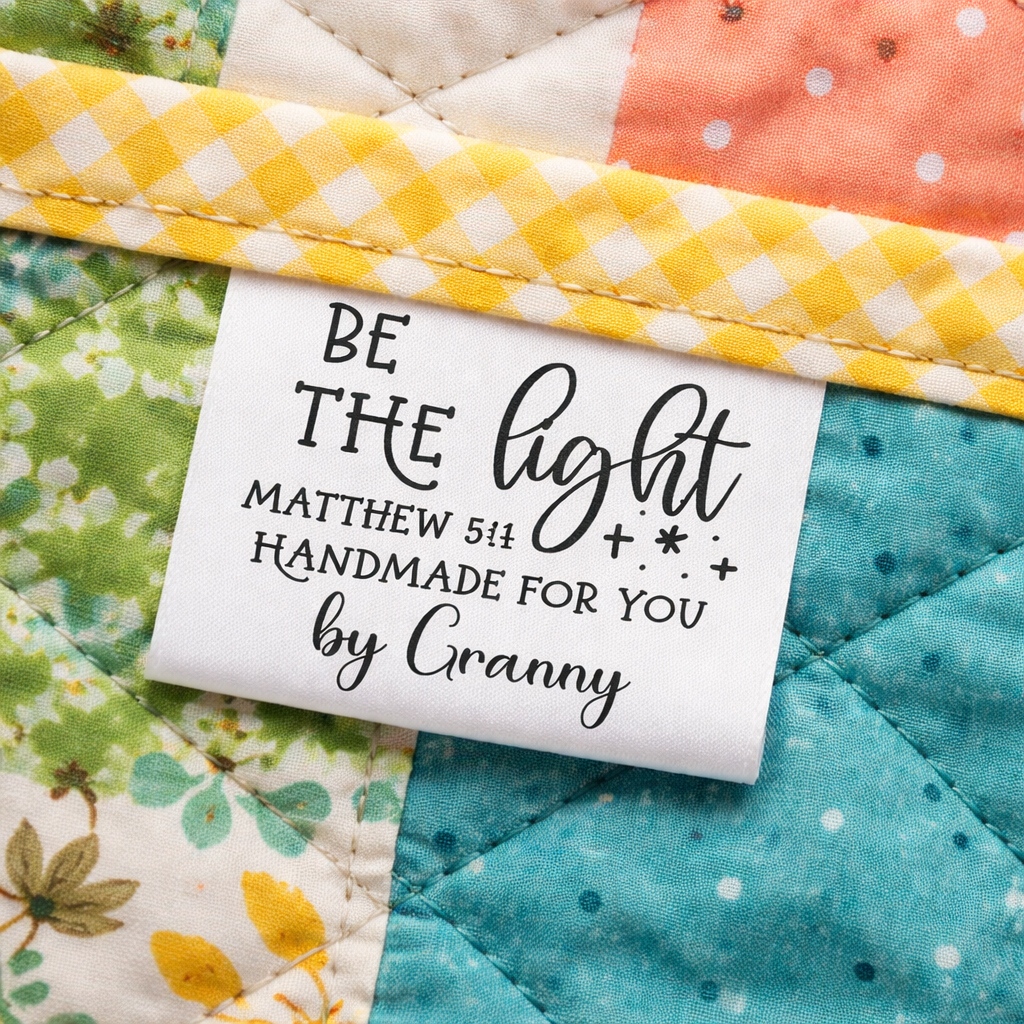 Be the Light Satin Quilt Label Tag – Matthew 5:14 Personalized Sewing Tag – Handmade Quilt Label – Fold - Over Tag (Set of 25) - Jammin Threads