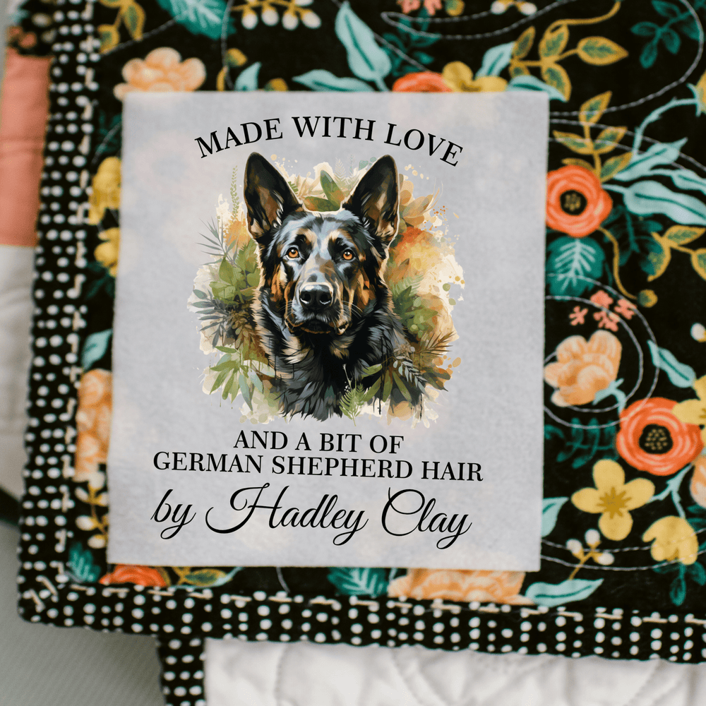 German Shepherd Quilt Label – Made With Love and a Bit of Dog Hair – Personalized Quilt Tag – Pet Lover Sewing Label – 6 per Sheet - Jammin Threads