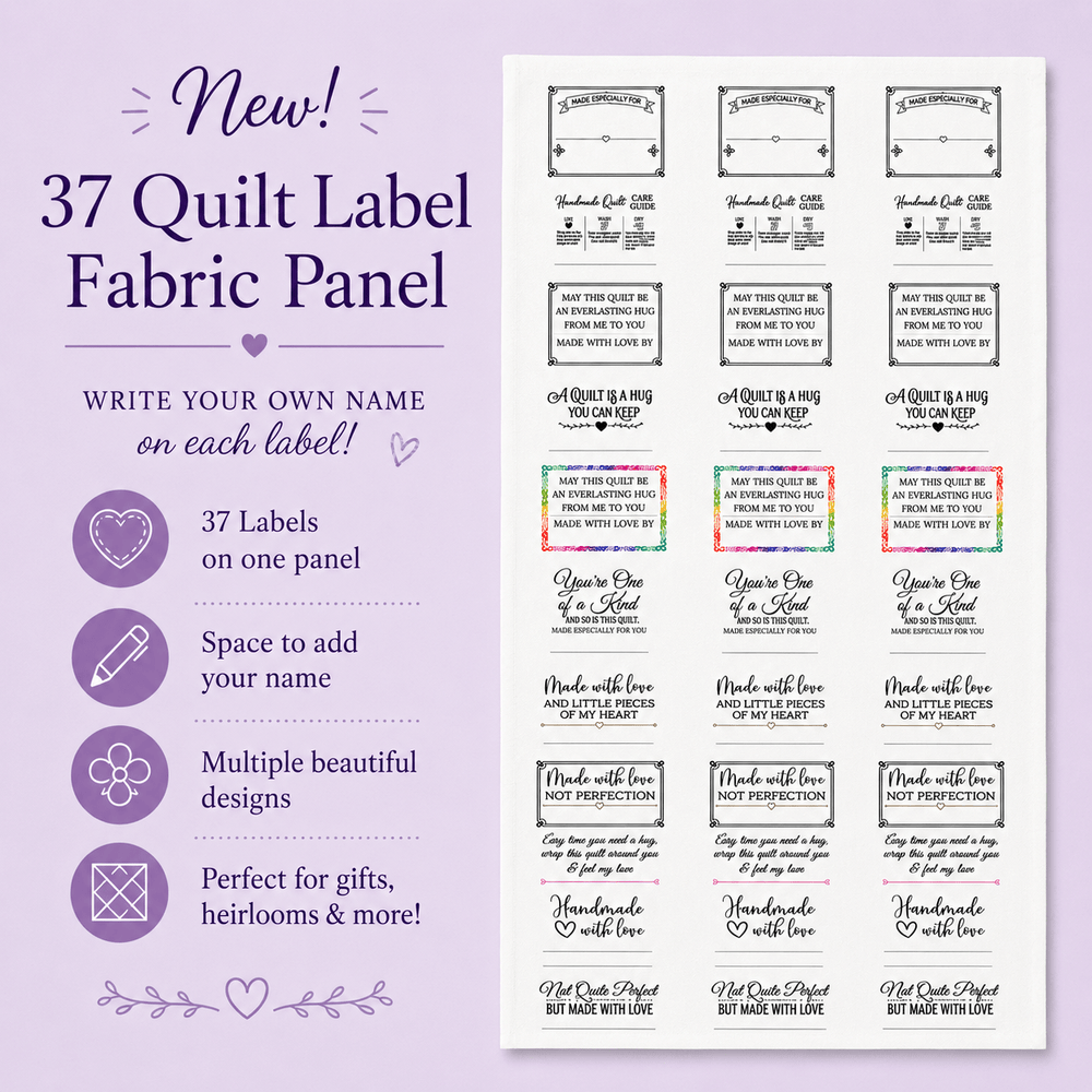 Blank Quilt Label Fabric Panel, 37 Best Seller Cotton Quilt Labels, Write-In Handmade Quilt Labels, 18 x 44 Inch Panel - Jammin Threads