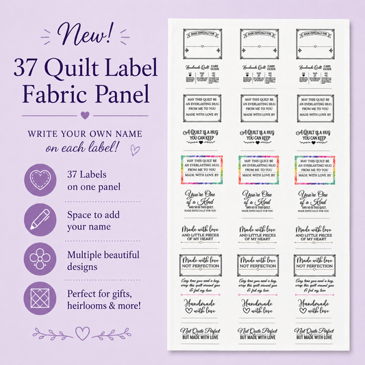 Blank Quilt Label Fabric Panel, 37 Best Seller Cotton Quilt Labels, Write-In Handmade Quilt Labels, 18 x 44 Inch Panel - Jammin Threads