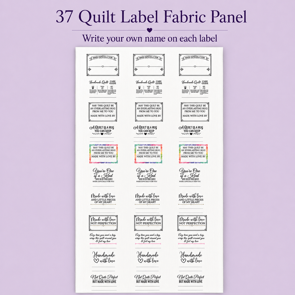 Blank Quilt Label Fabric Panel, 37 Best Seller Cotton Quilt Labels, Write-In Handmade Quilt Labels, 18 x 44 Inch Panel - Jammin Threads