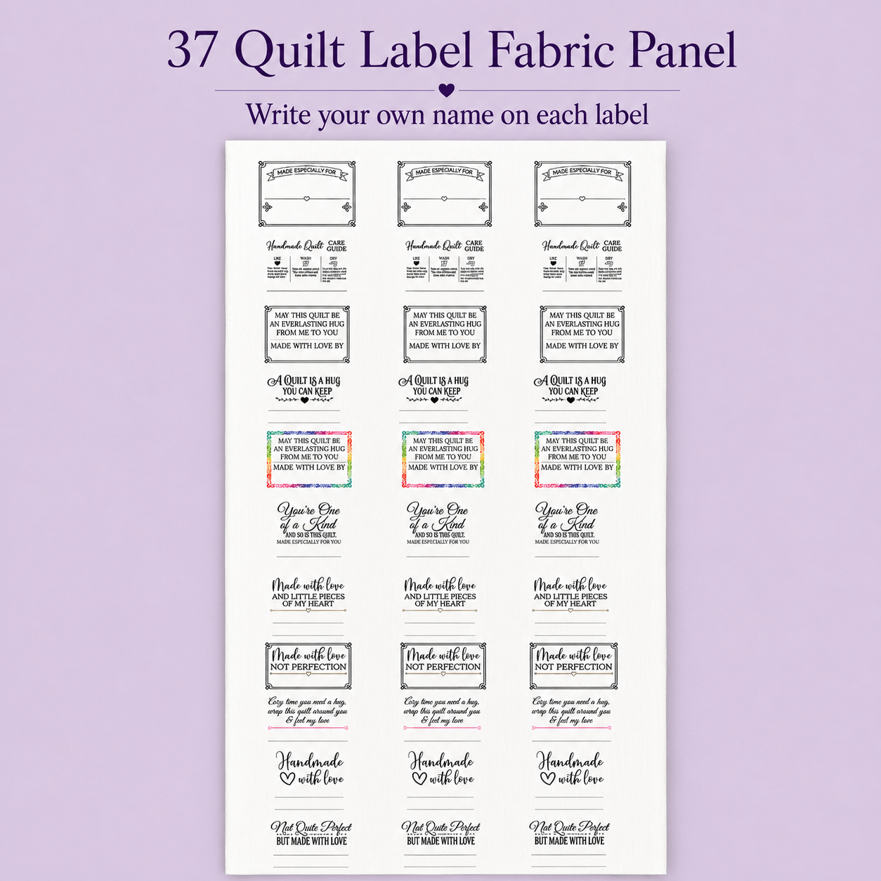 Blank Quilt Label Fabric Panel, 37 Best Seller Cotton Quilt Labels, Write-In Handmade Quilt Labels, 18 x 44 Inch Panel - Jammin Threads