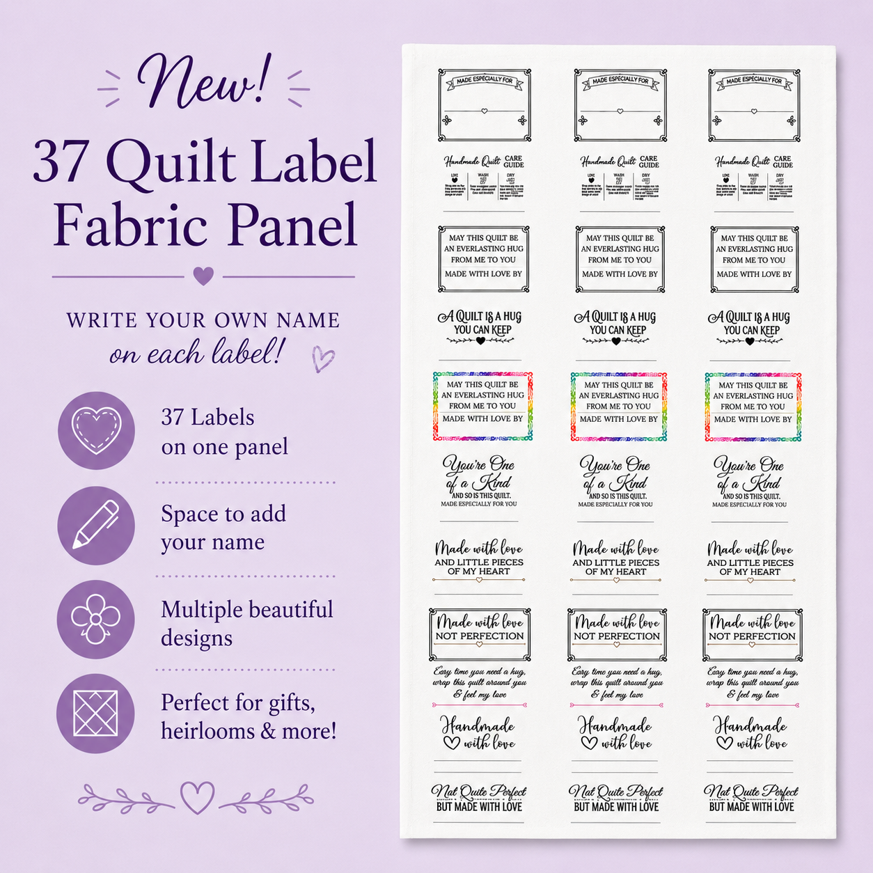 Quilt label fabric panel with customizable labels on a purple background