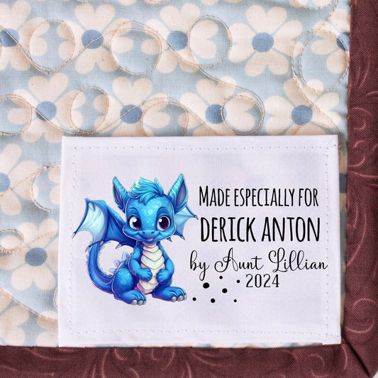 Blue Dragon Quilt Label personalized for babies and kids - Jammin Threads