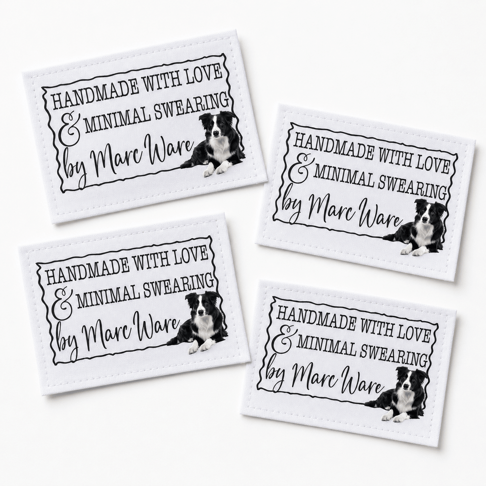 Border Collie Quilt Labels – Made with Love & Minimal Swearing – Personalized Quilting Labels – 3" x 2" Cotton or Polyester - Jammin Threads