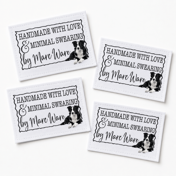 Border Collie Quilt Labels – Made with Love & Minimal Swearing – Personalized Quilting Labels – 3" x 2" Cotton or Polyester - Jammin Threads