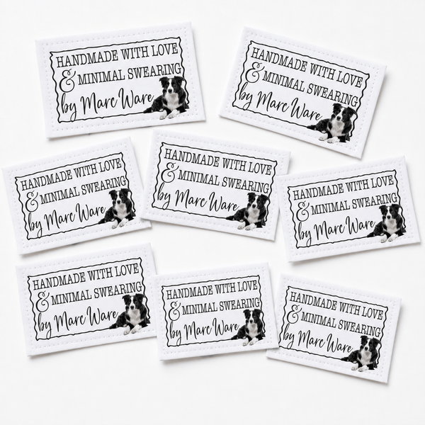 Border Collie Quilt Labels – Made with Love & Minimal Swearing – Personalized Quilting Labels – 3" x 2" Cotton or Polyester - Jammin Threads