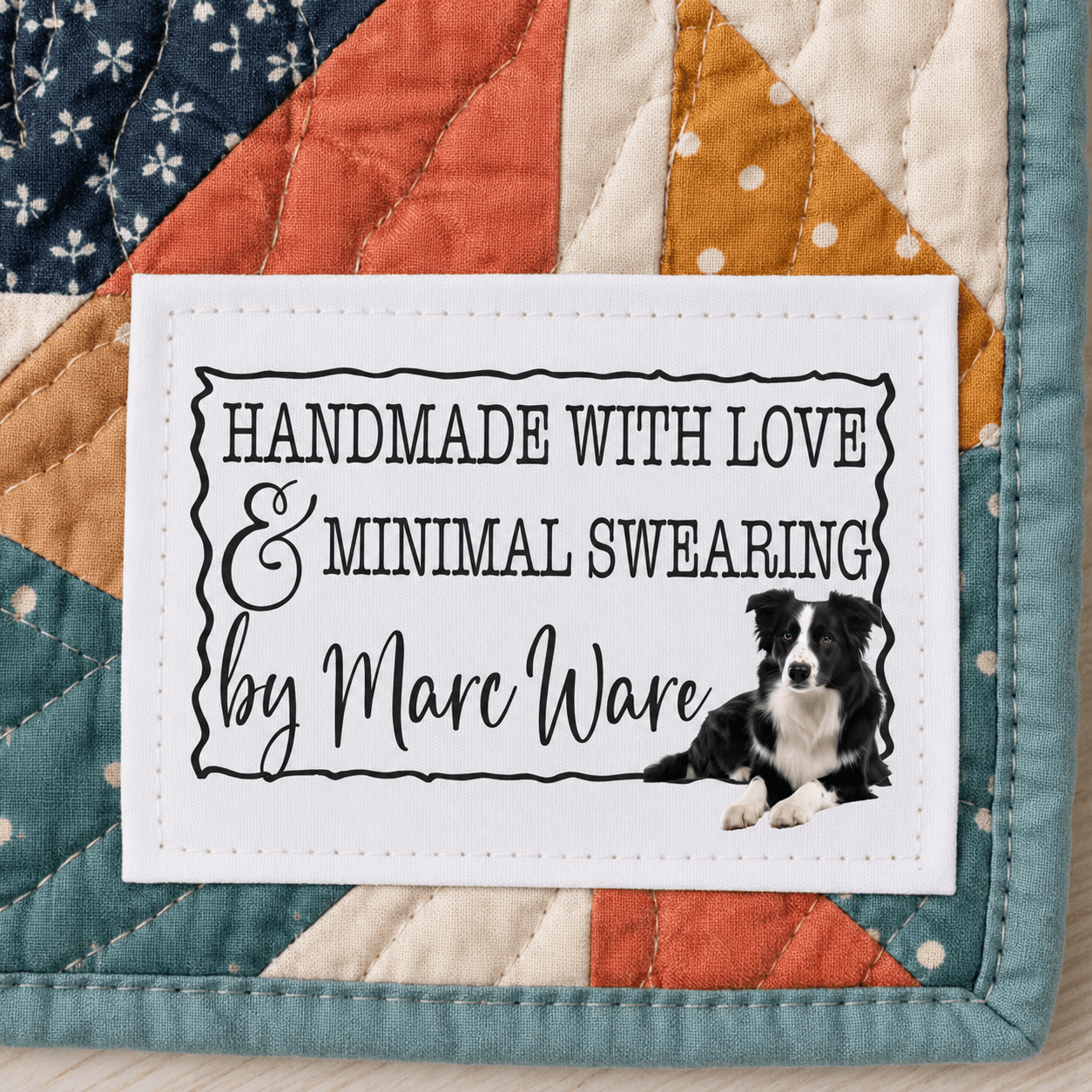 Border Collie Quilt Labels – Made with Love & Minimal Swearing – Personalized Quilting Labels – 3" x 2" Cotton or Polyester - Jammin Threads