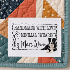 Border Collie Quilt Labels – Made with Love & Minimal Swearing – Personalized Quilting Labels – 3" x 2" Cotton or Polyester - Jammin Threads