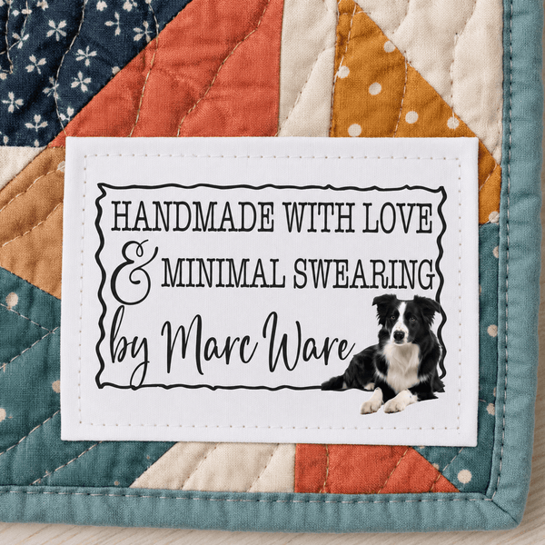 Border Collie Quilt Labels – Made with Love & Minimal Swearing – Personalized Quilting Labels – 3" x 2" Cotton or Polyester - Jammin Threads