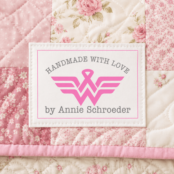 Breast Cancer Quilt Label – Personalized Pink Ribbon Superhero Label - Jammin Threads