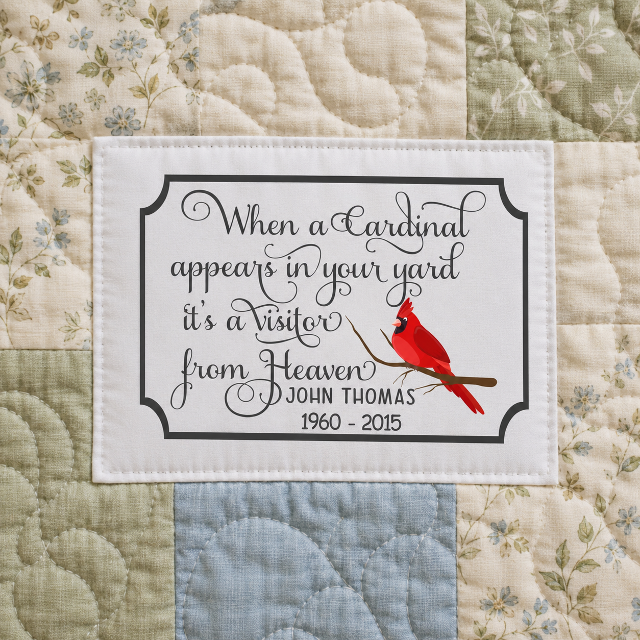Personalized Cardinal Memorial Quilt Label – Visitor From Heaven Remembrance Label