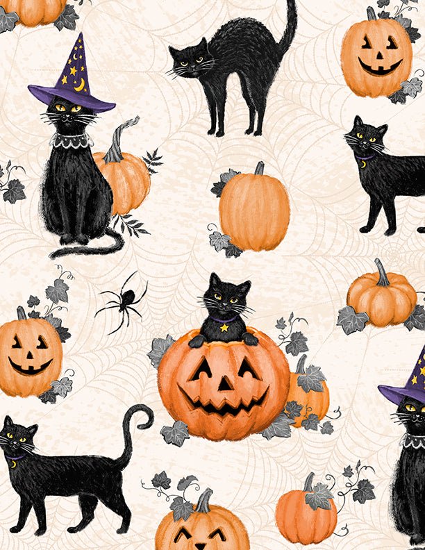 Cat and Pumpkins All Over Cream Halloween Quilt Fabric by Wilmington Prints - Jammin Threads