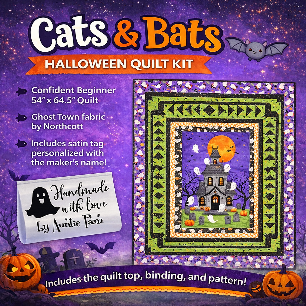 Cats & Bats Halloween Quilt Kit – 54” x 64.5” Quilt with Personalized Ghost Satin Label | Ghost Town Fabric by Northcott - Jammin Threads