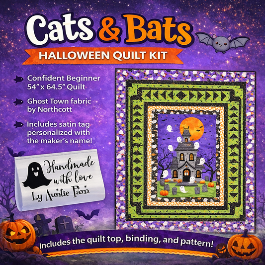 Cats & Bats Halloween Quilt Kit – 54” x 64.5” Quilt with Personalized Ghost Satin Label | Ghost Town Fabric by Northcott - Jammin Threads