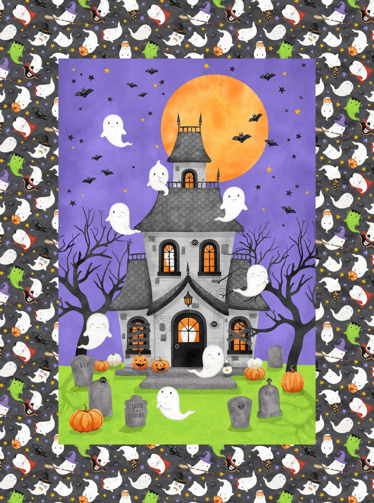 Cats & Bats Halloween Quilt Kit – 54” x 64.5” Quilt with Personalized Ghost Satin Label | Ghost Town Fabric by Northcott - Jammin Threads