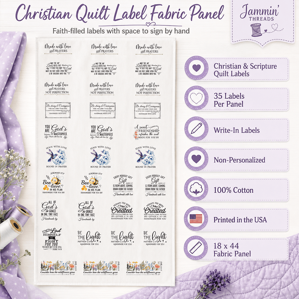 Christian Quilt Label Fabric Panel – 35 Scripture & Bible Verse Write-In Cotton Quilt Labels - Jammin Threads