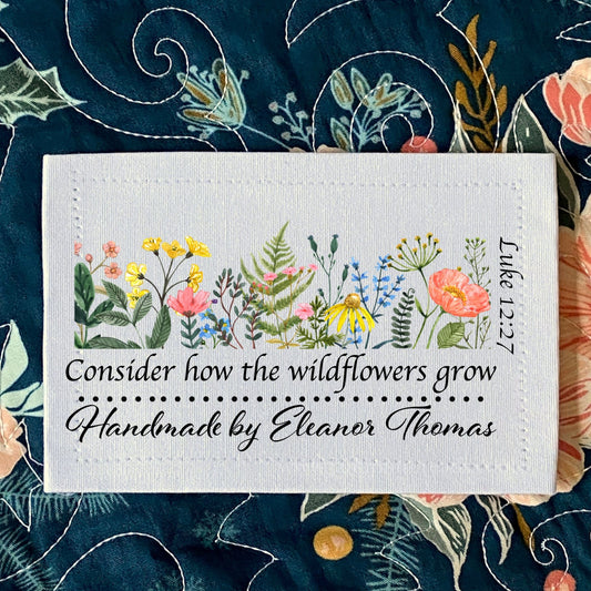 “Consider How the Wildflowers Grow” Quilt Labels – Luke 12:27 | Personalized | 8 per Sheet - Jammin Threads