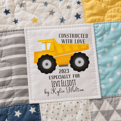 Constructed with Love Personalized Quilt Label – Construction Truck Design – Custom Name & Year – Cotton or Polyester - Jammin Threads