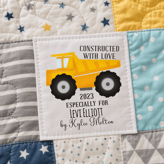Constructed with Love Personalized Quilt Label – Construction Truck Design – Custom Name & Year – Cotton or Polyester - Jammin Threads