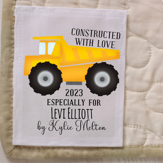 Constructed with Love Personalized Quilt Label – Construction Truck Design – Custom Name & Year – Cotton or Polyester - Jammin Threads