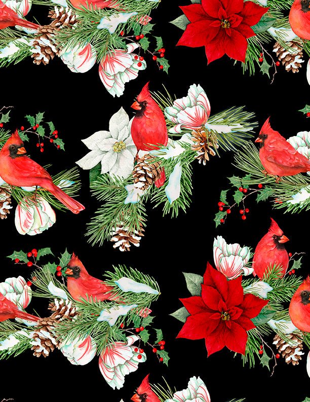 Cozy Cardinal Cardinals All Over Black Christmas Fabric by Wilmington Prints - Jammin Threads