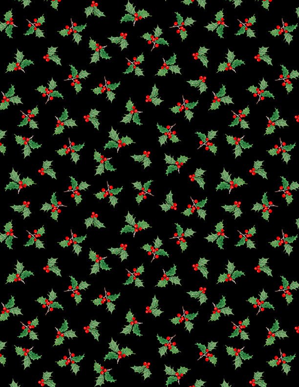 Cozy Cardinal Holly Toss Black Christmas Fabric by Wilmington Prints - Jammin Threads