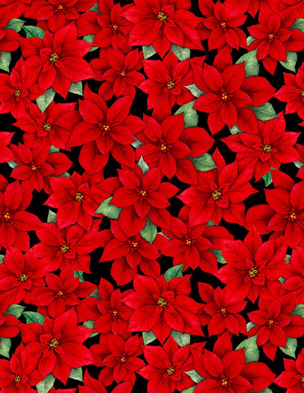 Cozy Cardinal Packed Poinsettias Black Christmas Quilt Fabric by Wilmington Prints - Jammin Threads