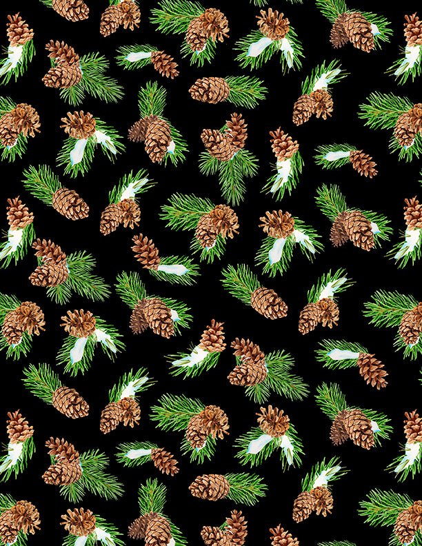 Cozy Cardinal Pine Cone Toss in Black Christmas Fabric by Wilmington Prints - Jammin Threads