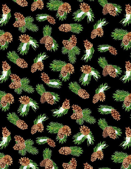 Cozy Cardinal Pine Cone Toss in Black Christmas Fabric by Wilmington Prints - Jammin Threads