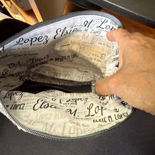 Custom fabric panel printed with black and gray words and letters - Jammin Threads