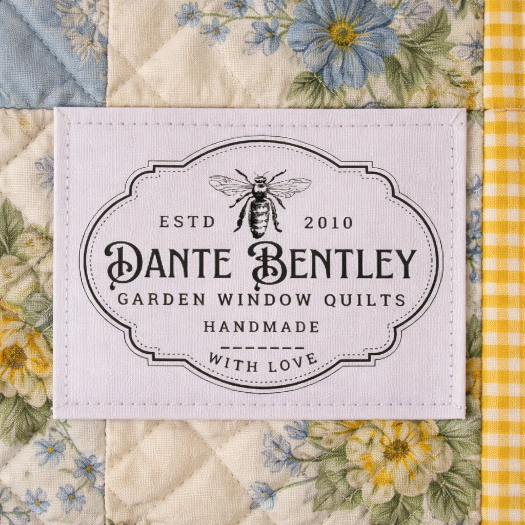 Custom Logo Quilt Label with Bee – Personalized Name, Year Established & Tagline | 6 Fabric Labels per Sheet - Jammin Threads