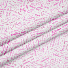 Custom Printed Fabric Panel – 12" x 18" White Polyester with Pink Lettering - Jammin Threads