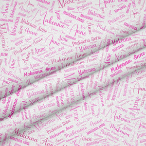 Custom Printed Fabric Panel – 12" x 18" White Polyester with Pink Lettering - Jammin Threads