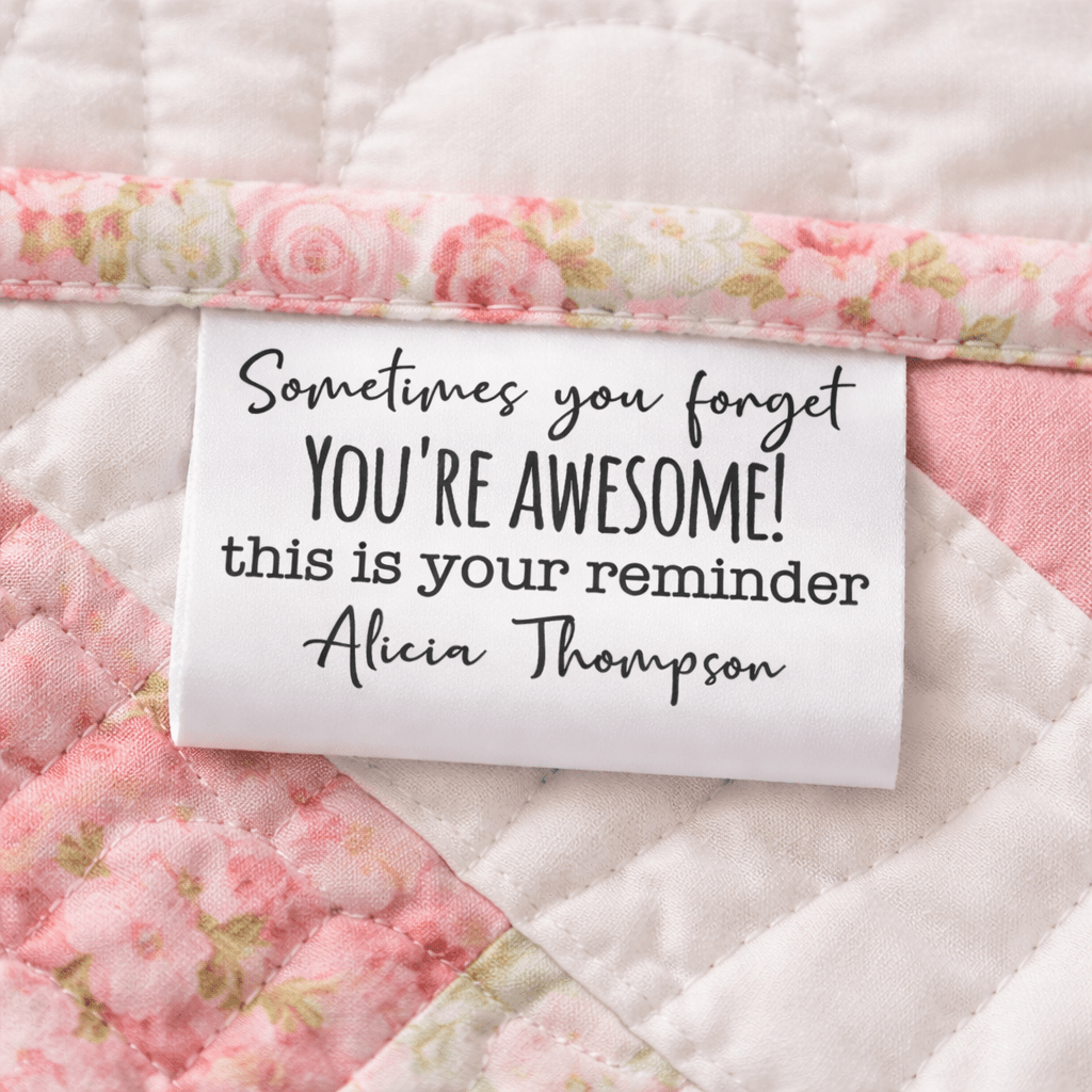Custom “You’re Awesome” Satin Quilt Labels – Personalized Sewing Tags with Name, Fold - Over Quilt Labels, 2” or 3”, Set of 25 - Jammin Threads