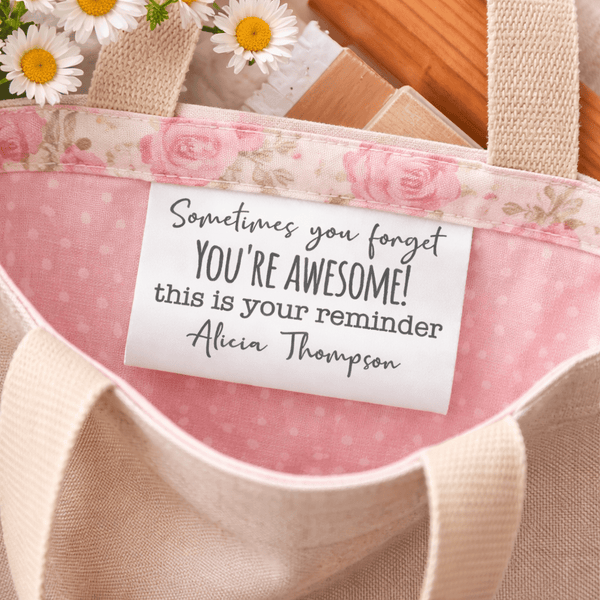 Custom “You’re Awesome” Satin Quilt Labels – Personalized Sewing Tags with Name, Fold - Over Quilt Labels, 2” or 3”, Set of 25 - Jammin Threads