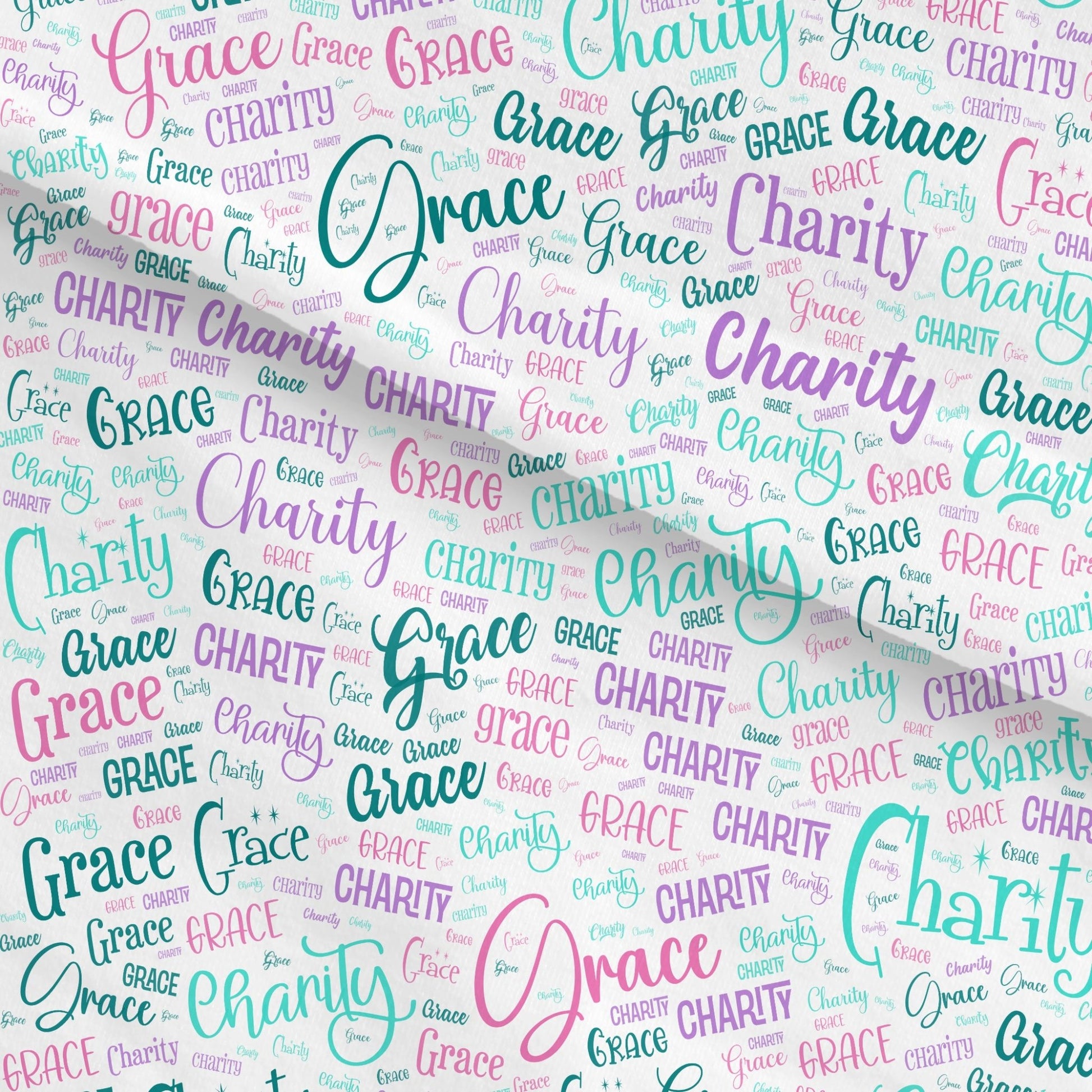 Customized white fabric panel printed with shades of green, pink lettering - Jammin Threads