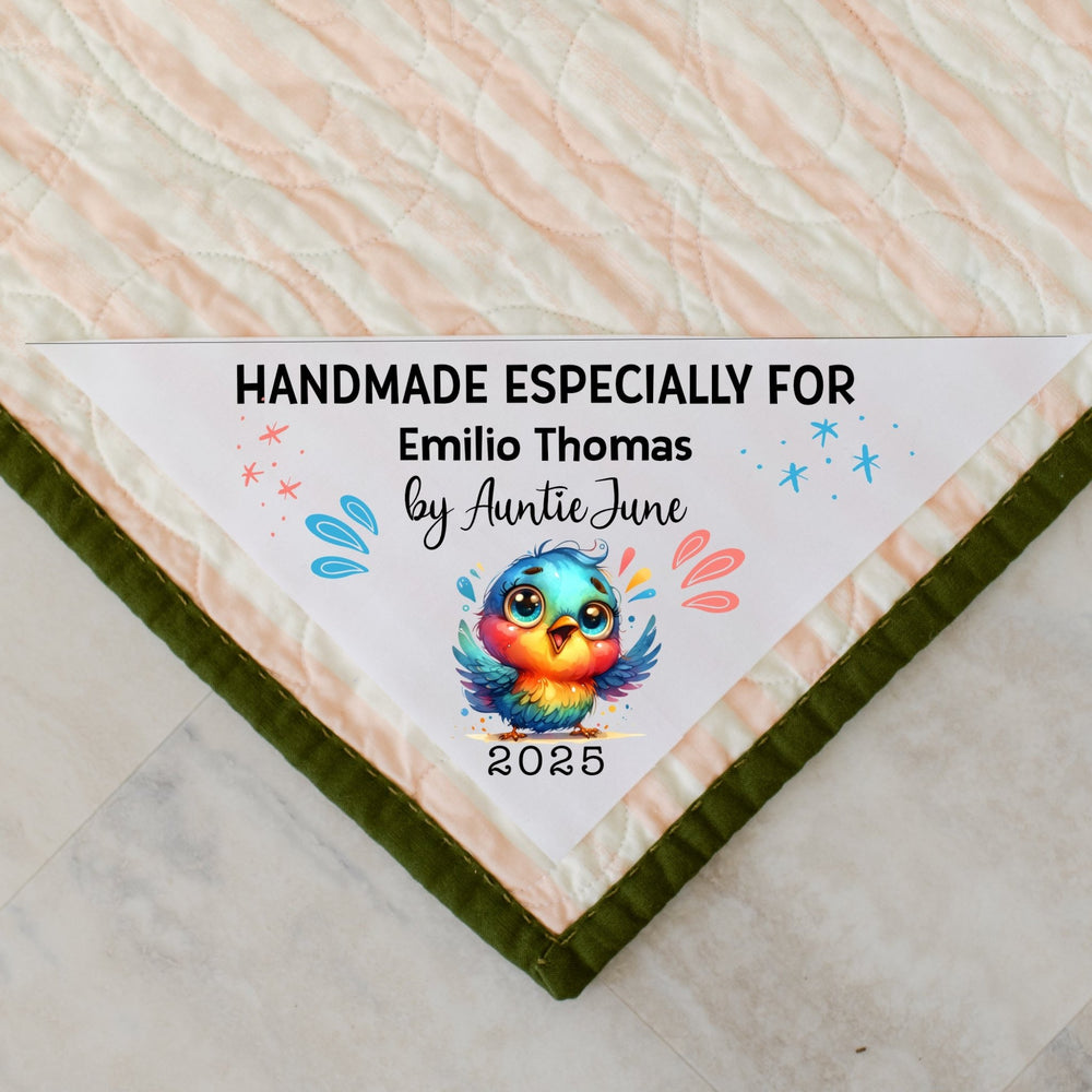 Personalized Kids Corner Quilt Label with Colorful Bird | Custom Quilt Tag with Name, Maker & Year - Jammin Threads