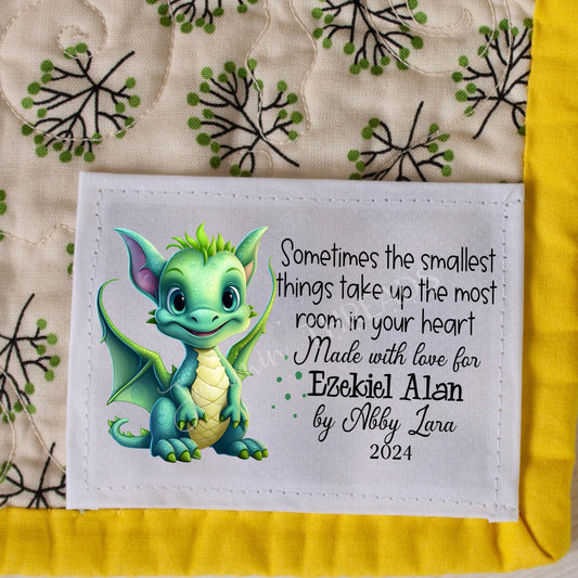 Cute Green Dragon Quilt Label personalized for babies and kids. - Jammin Threads