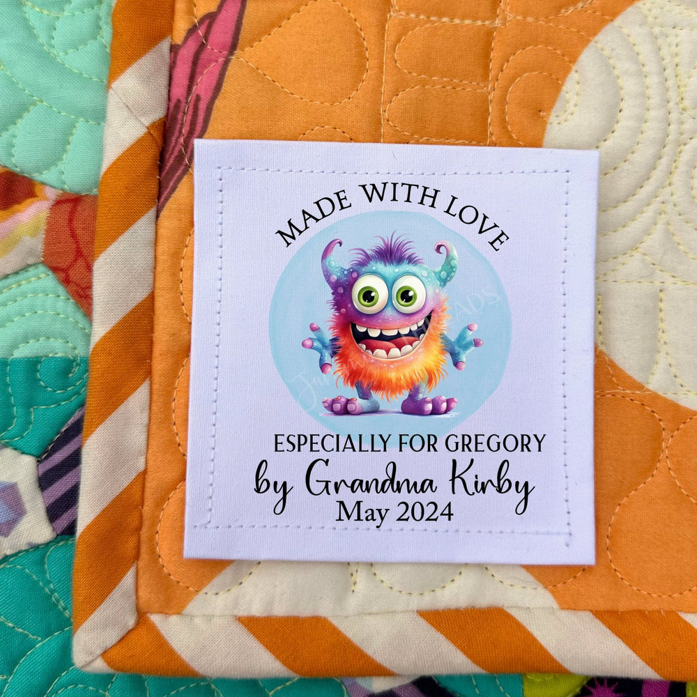 Cute Monster Quilt Label Personalized – Made with Love Quilt Tag with Name, Maker & Date – Custom Fabric Label - Jammin Threads