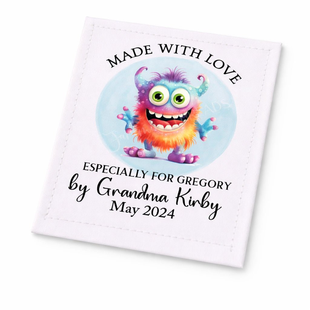 Cute Monster Quilt Label Personalized – Made with Love Quilt Tag with Name, Maker & Date – Custom Fabric Label - Jammin Threads