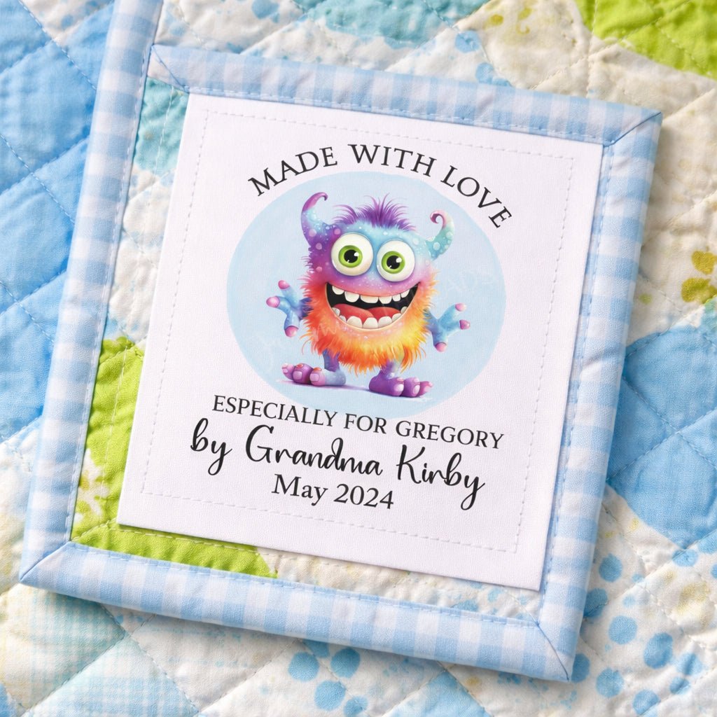 Cute Monster Quilt Label Personalized – Made with Love Quilt Tag with Name, Maker & Date – Custom Fabric Label - Jammin Threads